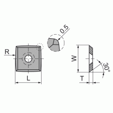 Vierkantmes MG18 13.8x13.8x2.5 α=30° d=6.4 r=150 verzonken gat, afgeronde hoek (3.1.A6) Vierkantmes MG18 13.8x13.8x2.5 α=30° d=6.4 r=150 verzonken gat, afgeronde hoek (3.1.A6)