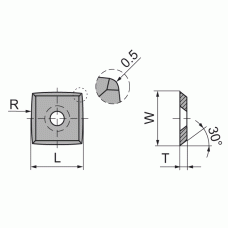 Vierkantmes T10MG 15.0x15.0x2.5 α=40° d=6.4 r=190 verzonken gat, afgeronde hoek (1.7.D1) Vierkantmes T10MG 15.0x15.0x2.5 α=40° d=6.4 r=190 verzonken gat, afgeronde hoek (1.7.D1)