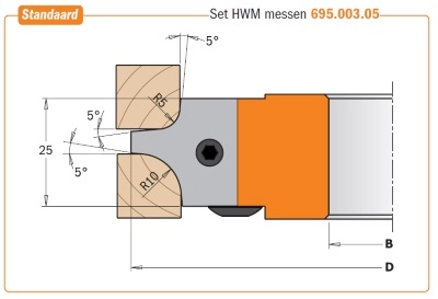 Tekening met maten van de CMT Multiradius afrondfrees R=3 tot R=10mm