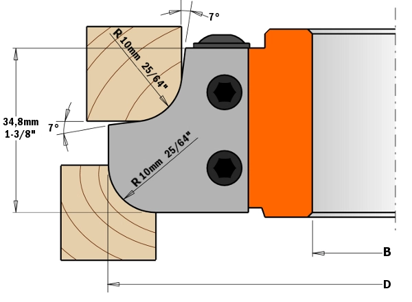Tekening met maten voor CMT Hol-Bol radiusfrees R=10 - R=15