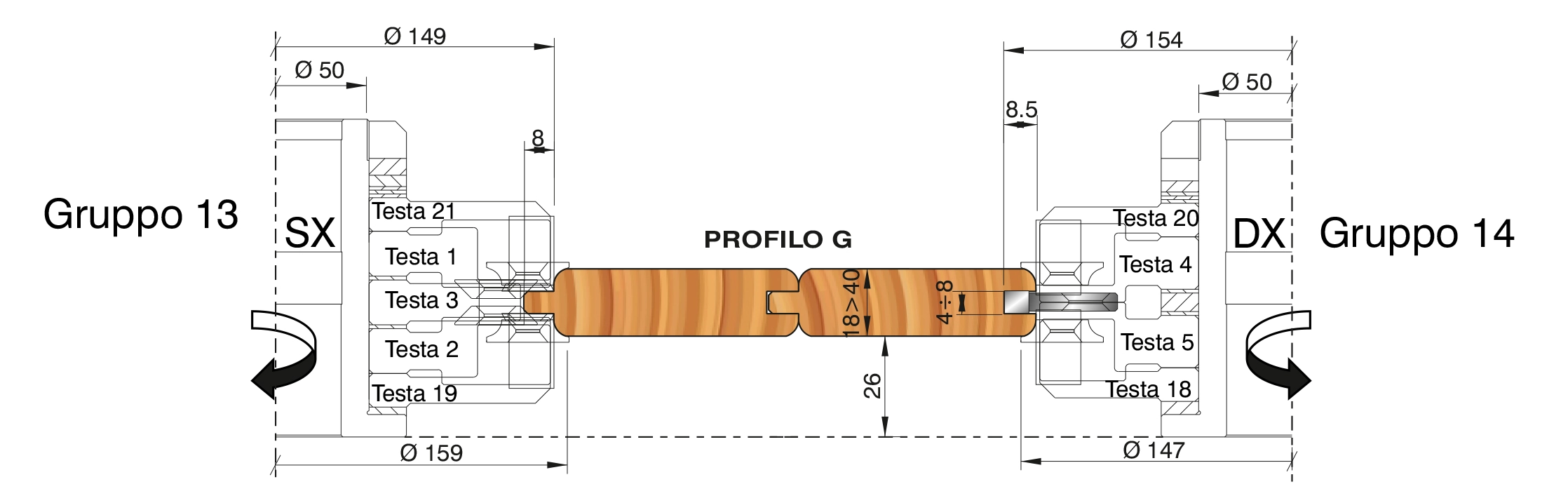 Tekening met maten Messing- groeffreeskop TT03 CAUL
